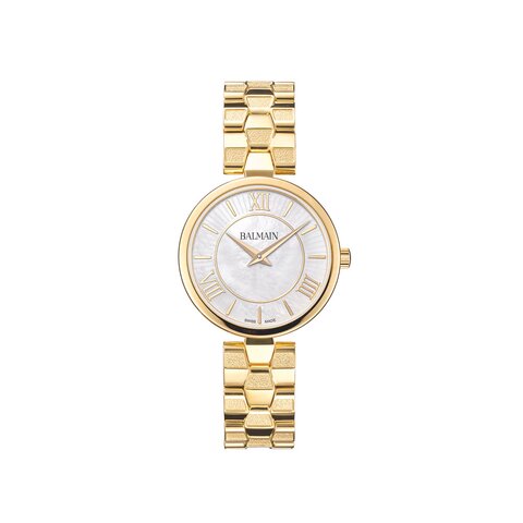 Balmain horloge met een kast in gele pvd-coating, met een wijzerplaat in het parelmoer en een diameter van 31 mm