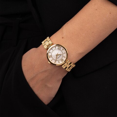 Balmain horloge met een kast in gele pvd-coating, met een wijzerplaat in het parelmoer en een diameter van 31 mm