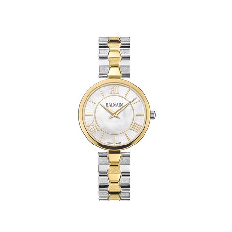 Balmain horloge met een kast in gele pvd-coating op staal, met een wijzerplaat in het parelmoer en een diameter van 31 mm