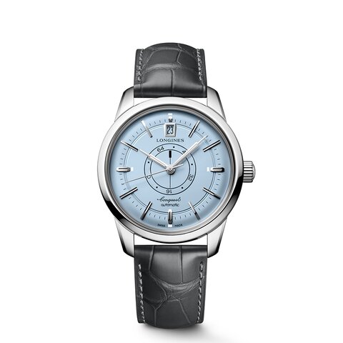 Longines horloge met een kast in staal, met een wijzerplaat in het blauw en een diameter van 38 mm