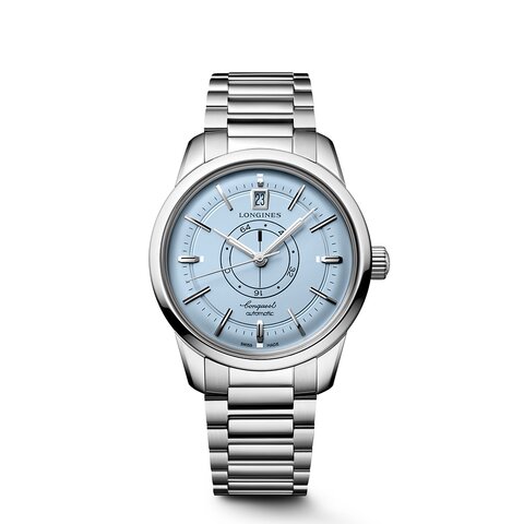 Longines horloge met een kast in staal, met een wijzerplaat in het blauw en een diameter van 38 mm
