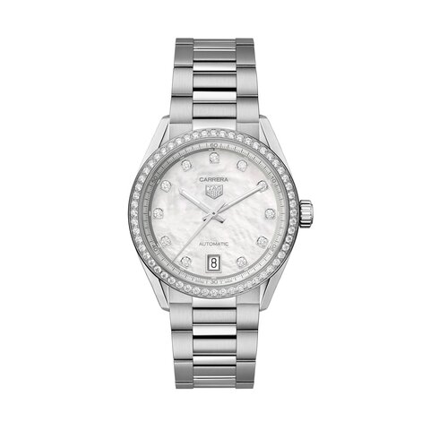 TAG Heuer horloge met een kast in staal, met een wijzerplaat in het parelmoer met  briljant en een diameter van 36 mm
