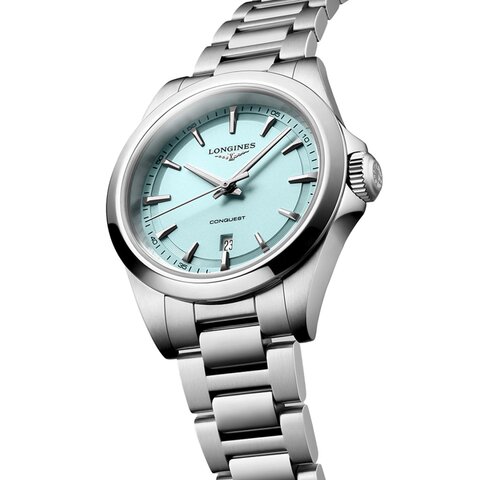 Longines horloge met een kast in staal, met een wijzerplaat in het blauw en een diameter van 34 mm