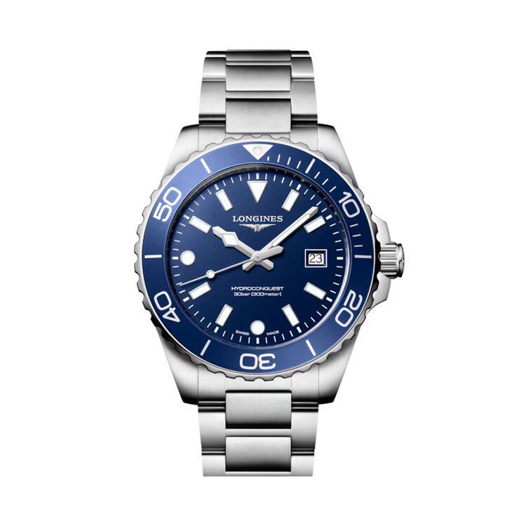 montre Longines avec un boîtier en acier, un cadran bleu et un diamètre de 42 mm