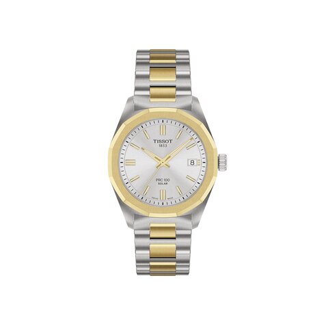 Tissot horloge met een kast in gele pvd-coating op staal, met een wijzerplaat in het zilver en een diameter van 34 mm