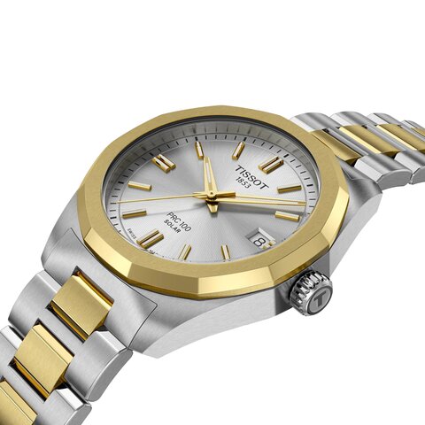 Tissot horloge met een kast in gele pvd-coating op staal, met een wijzerplaat in het zilver en een diameter van 34 mm