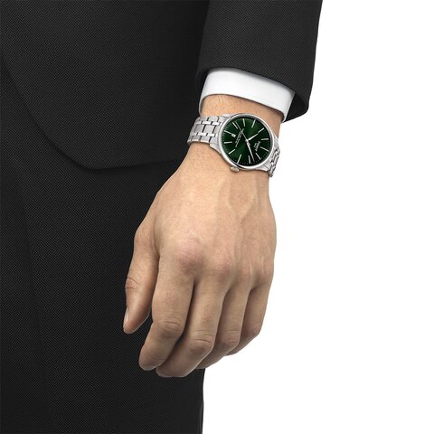 Tissot horloge met een kast in staal, met een wijzerplaat in het groen en een diameter van 42 mm