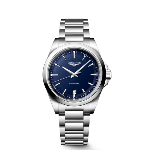 montre Longines avec un boîtier en acier, un cadran bleu et un diamètre de 38 mm