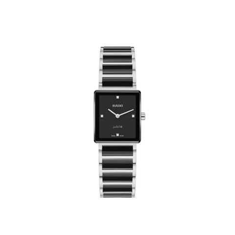 Rado horloge met een kast in staal, met een wijzerplaat in het zwart met briljant en een diameter van 23 mm