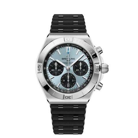 Breitling horloge met een kast in platina op staal, met een wijzerplaat in het blauw en een diameter van 42 mm