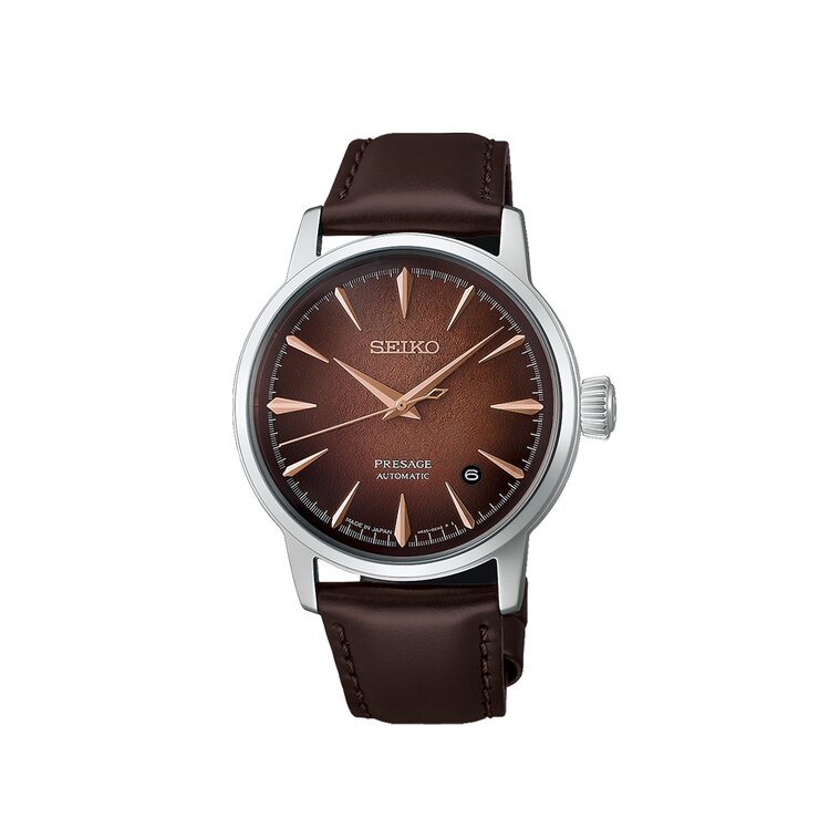 montre Seiko avec un boîtier en acier, un cadran brun et un diamètre de 38.5 mm