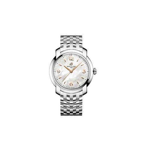 Breitling horloge met een kast in staal, met een wijzerplaat in het parelmoer en een diameter van 32 mm