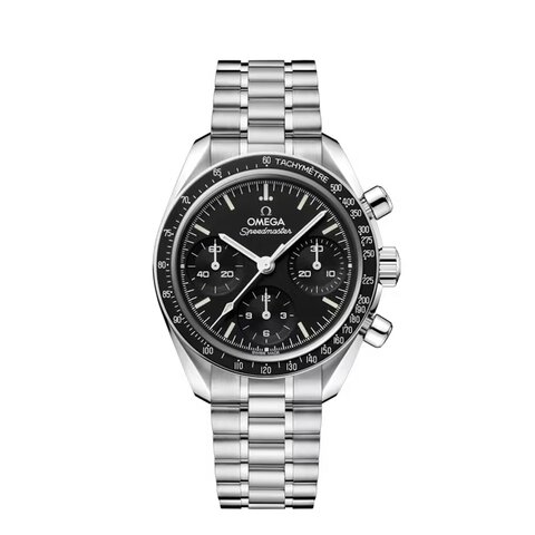 Omega horloge met een kast in staal, met een wijzerplaat in het zwart en een diameter van 38 mm