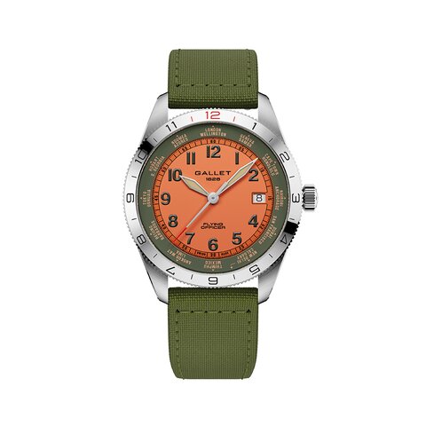 montre Gallet avec un boîtier en acier, un cadran orange et un diamètre de 40 mm