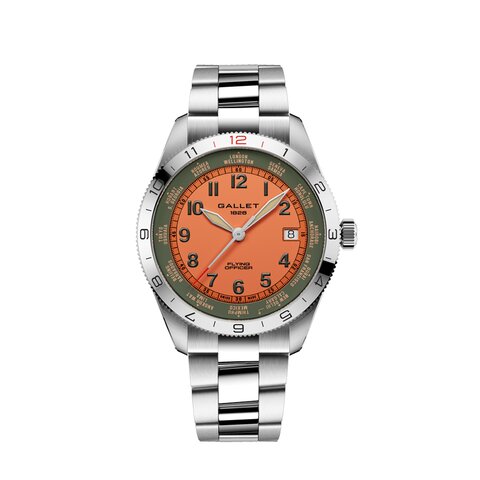 montre Gallet avec un boîtier en acier, un cadran orange et un diamètre de 40 mm