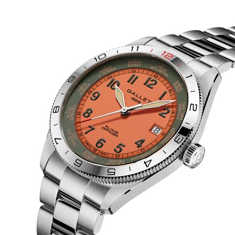 montre Gallet avec un boîtier en acier, un cadran orange et un diamètre de 40 mm