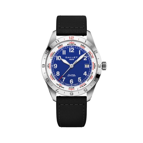 montre Gallet avec un boîtier en acier, un cadran bleu et un diamètre de 40 mm