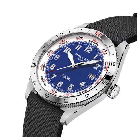montre Gallet avec un boîtier en acier, un cadran bleu et un diamètre de 40 mm