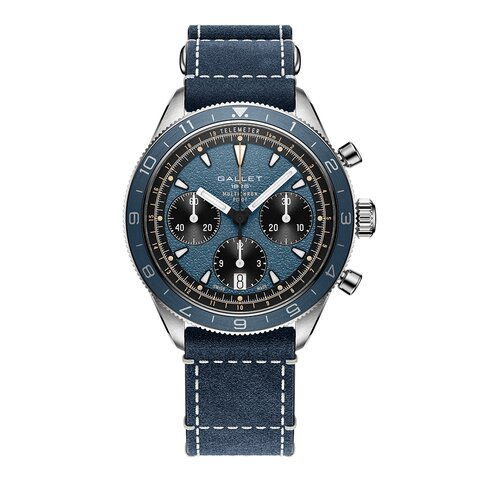 montre Gallet avec un boîtier en acier, un cadran bleu et un diamètre de 42 mm