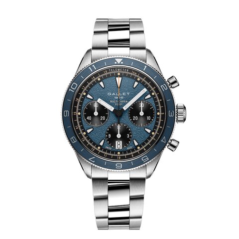 montre Gallet avec un boîtier en acier, un cadran bleu et un diamètre de 42 mm