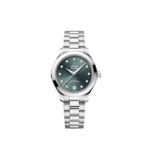 Omega horloge met een kast in staal, met een wijzerplaat in het groen met briljant en een diameter van 30 mm