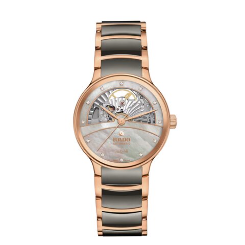 Rado horloge met een kast in rosé pvd-coating, met een wijzerplaat in het parelmoer met  briljant en een diameter van 35 mm