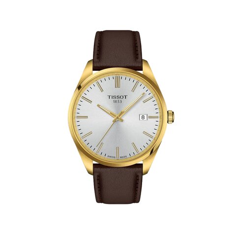 montre Tissot avec un boîtier en revêtement pvd jaune, un cadran argent et un diamètre de 40 mm