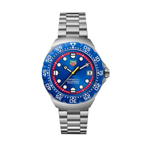 montre TAG Heuer avec un boîtier en polylight sur acier, un cadran bleu et un diamètre de 38 mm