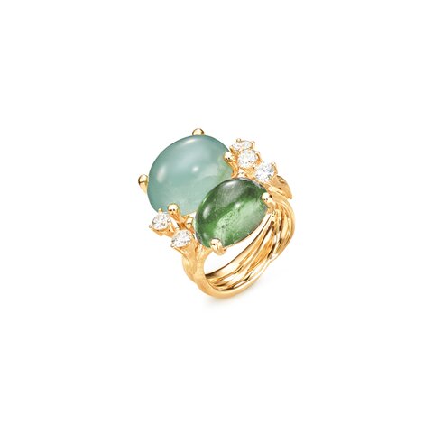 Ole Lynggaard ring in geel goud 18kt met aquamarijn & toermalijn omringd door briljanten van 1,00 karaat