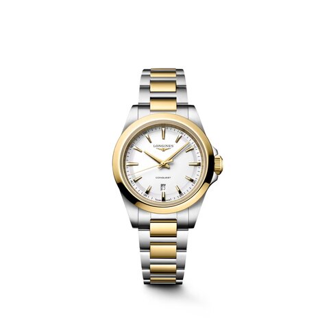 Longines horloge met een kast in gele pvd-coating op staal, met een wijzerplaat in het wit en een diameter van 30 mm