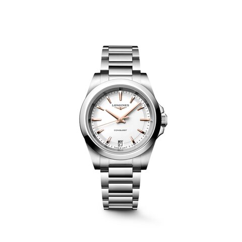Longines horloge met een kast in staal, met een wijzerplaat in het wit en een diameter van 34 mm