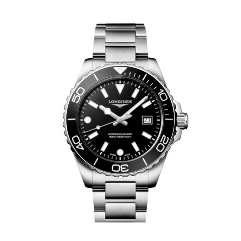 Longines horloge met een kast in staal, met een wijzerplaat in het zwart en een diameter van 42 mm