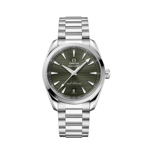 Omega horloge met een kast in staal, met een wijzerplaat in het groen en een diameter van 38 mm