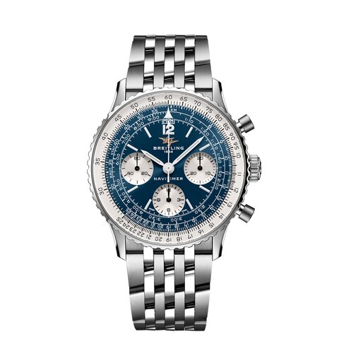 Breitling horloge met een kast in staal, met een wijzerplaat in het blauw en een diameter van 41 mm