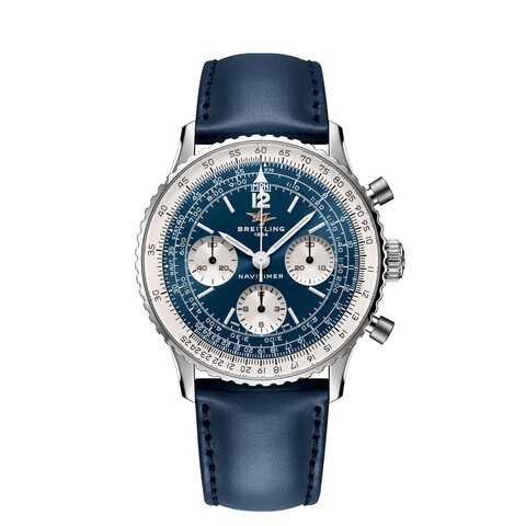 Breitling horloge met een kast in staal, met een wijzerplaat in het blauw en een diameter van 41 mm