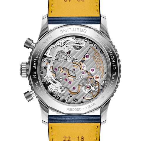 Breitling horloge met een kast in staal, met een wijzerplaat in het blauw en een diameter van 41 mm