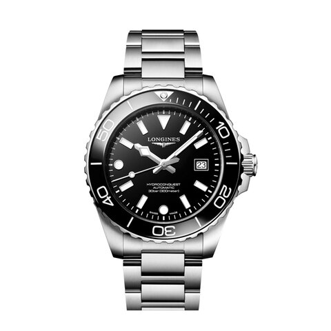 montre Longines avec un boîtier en céramique sur acier, un cadran noir et un diamètre de 42 mm