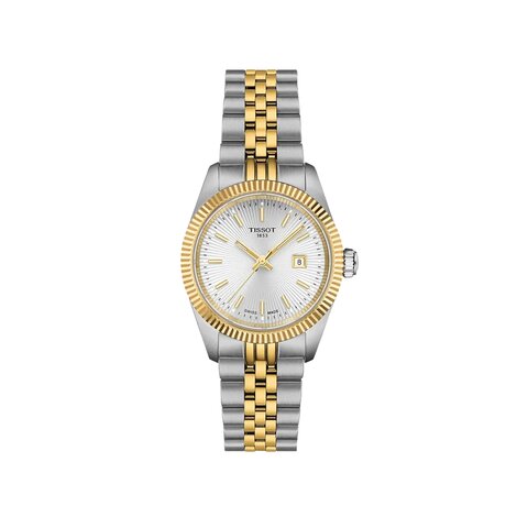 Tissot horloge met een kast in gele pvd-coating op staal, met een wijzerplaat in het zilver en een diameter van 30 mm