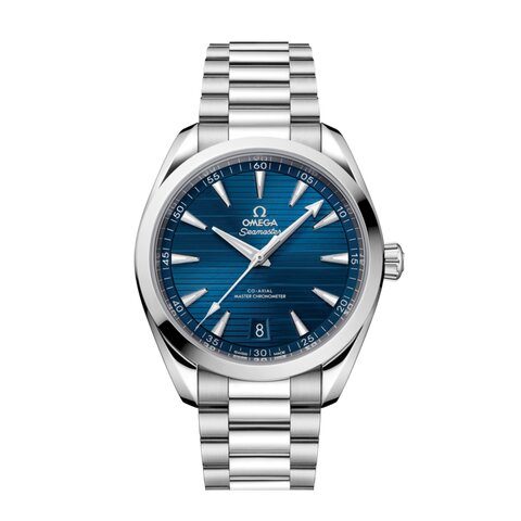 Omega horloge met een kast in staal, met een wijzerplaat in het blauw en een diameter van 41 mm