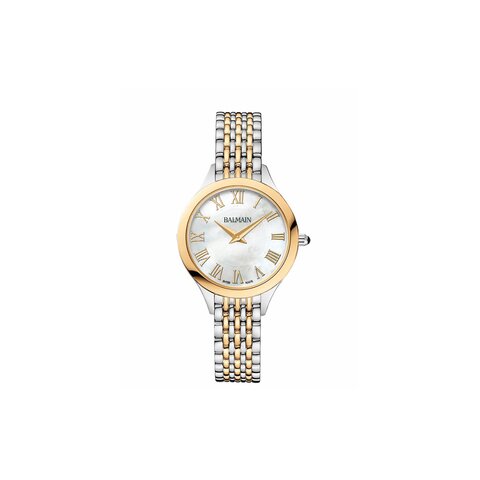 Balmain horloge met een kast in gele pvd-coating op staal, met een wijzerplaat in het parelmoer en een diameter van 29 mm